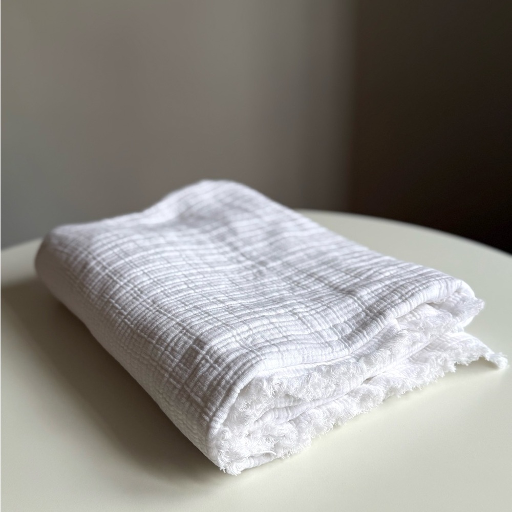Throw Blanket 51”x68” 100% Cotton Textured White, Soft & Thick Layered Weave